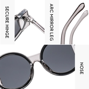 Detail view of secure hinges, arc mirror legs, and nose pads of trendy square sunglasses