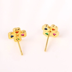 18K gold four-leaf clover stud earrings with multi-color zircon stones for women