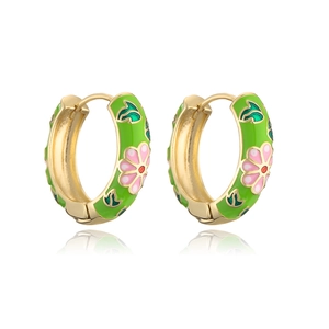 Detailed view of copper gold-plated earrings with colorful enamel flowers and green leaves