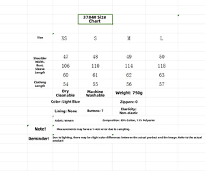 Detailed size chart for vintage denim jacket with measurements in XS, S, M, L