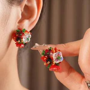 Vintage floral beaded stud earrings featuring colorful handmade bohemian flower clusters