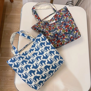 Retro Floral Cotton Canvas Mini Handbag Zipper Small Tote Bag For Women Vintage Printed Lunch Bento Pouch Daily Shopping