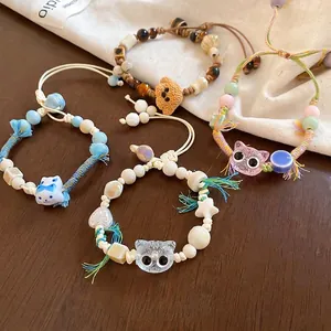 Handmade Ceramic Beads Bracelet Cartoon Cat Dog Charms Wax Rope Woven Adjustable Cute Tassel Jewelry For Women Girls