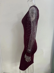 Detail of burgundy V-neck dress featuring mesh sleeves with shimmering silver sequins