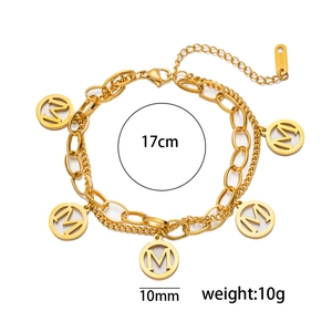 18K gold-plated double-layer stainless steel bracelet featuring letter M charms, 17cm long