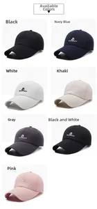 Detail display of cotton baseball caps with embroidered logo in multiple colors