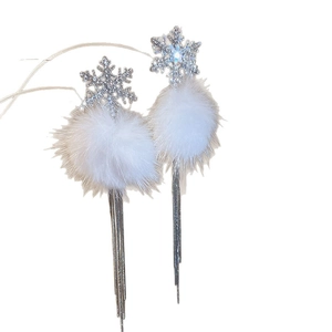 Elegant snowflake pearl earrings with white fur balls and silver tassel drops for women