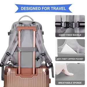 Travel backpack featuring luggage strap, chest buckle, and breathable padded back panel