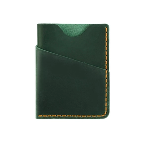 Detail of dark green crazy horse leather card holder with contrast orange hand stitching