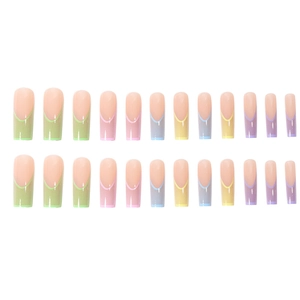 Rainbow gradient French press-on nails in colorful macaron shades with shimmer finish