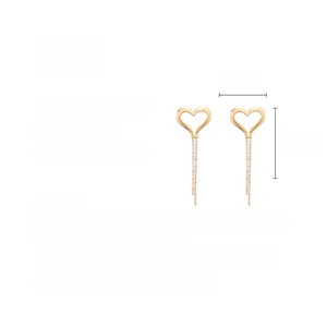 Detail view of heart-shaped gold tassel earrings with rhinestone tassels and measurements