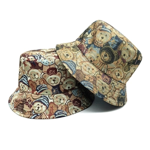 Vintage Bear Pattern Jacquard Bucket Hat Sun Protection Wide Brim Foldable Breathable Retro Polyester Kawaii Accessory