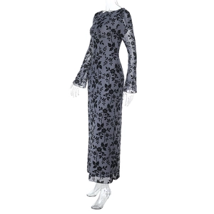 Close-up of slim-fit long sleeve grey floral dress with black flocked print detail