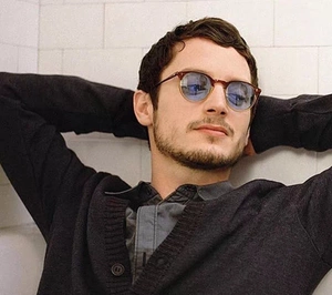 Retro round amber sunglasses with light blue lenses shown on male model face