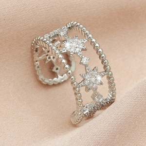 Elegant silver layered open ring with sparkling zircon north star in minimalist style