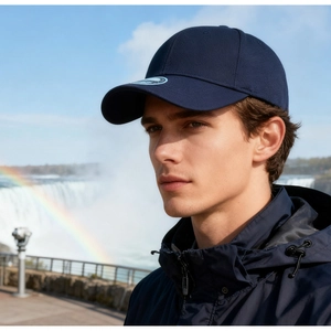 Detail of navy blue baseball cap with round Niagara Falls patch on outdoor male model
