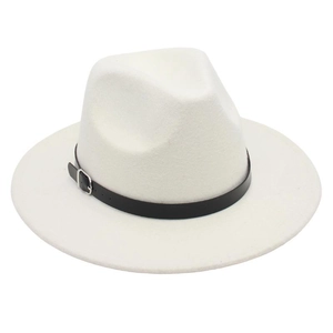 Close-up of a white felt jazz hat with a black leather band and silver metal buckle