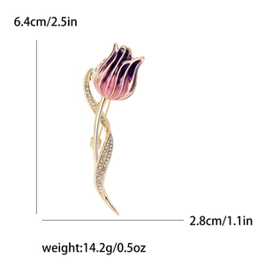 Elegant purple enamel tulip brooch with sparkling rhinestones and gold plating details