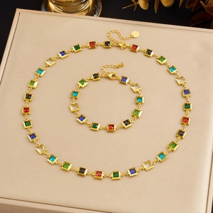 Roestvrijstalen Sieradenset Gekleurde Vierkante Strass Ketting Armband Voor Dames Boheems Vergulde Vierkante Steen Sieradenset