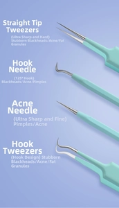 Detail of four stainless steel acne removal tools with mint green handles on purple background