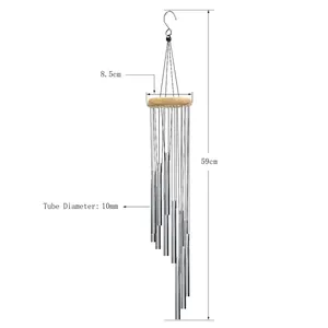 Classic 12-tube metal wind chime with silver aluminum tubes and wood top 59cm long