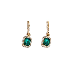 Elegant gold earrings with square emerald gemstones and sparkling diamond accents