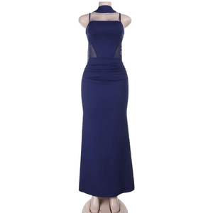 Detail of navy blue bodycon maxi dress featuring sheer mesh patchwork at the waistline