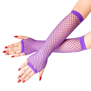 Long purple fishnet gloves with fingerless mesh design for parties and cosplay