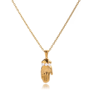 Collier élégant en acier inoxydable doré 18k avec pendentif main et trois perles