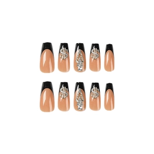 Long coffin press on nails with black French tips and 3D rhinestone dollar signs