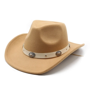 Detail of camel wool cowboy hat featuring vintage silver studs and concho belt band
