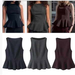 Sleeveless Peplum Top Women Elegant Slim Fit Ruffle Hem Round Neck Casual Office Wear Striped Solid Polyester Blouse
