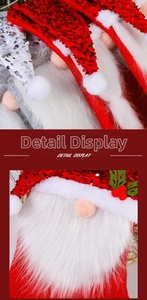 Detail of red sequined gnome hat and soft faux fur beard with holly leaf decoration