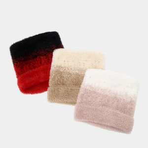 Three gradient faux fur cat ear knit hats in red-black, beige, and white-pink colors