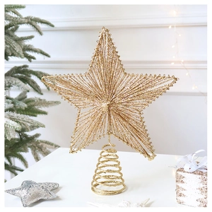 Close-up of golden glitter star tree topper with hollow iron wire and spiral base
