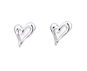 Detailed view of silver hollow heart stud earrings with minimalist double line design