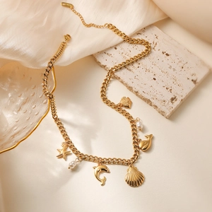 18K gold plated stainless steel necklace with dolphin shell starfish and pearl pendants