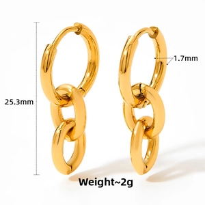 Detail view of gold double oval link drop earrings with size and weight measurements
