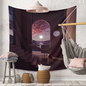 Detail of surrealist landscape tapestry with moon and trees on a cozy home wall