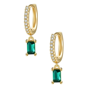 Detail of gold-plated earrings with rectangular emerald zircons and pave accents