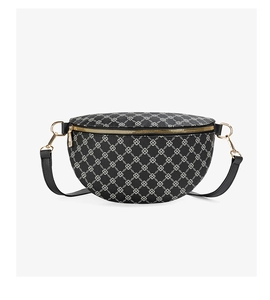Detail of black leather waist bag featuring white grid print and gold metal zippers
