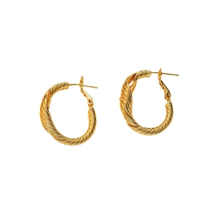 Gold twisted C-shape hoop earrings in stainless steel with a minimalist textured finish