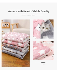 Detail of thickened flannel pet blanket with star and cat print in pink and gray