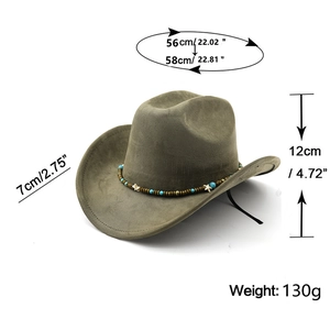 Detaillierte Größenangaben für böhmischen Khaki-Wildleder-Cowboyhut mit Perlenband
