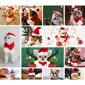 Christmas pet costume set with plush red Santa hat and scarf for small dogs and cats