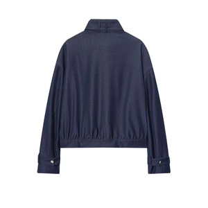 Dark blue denim bomber jacket for women with stand-up collar and utility style rear view