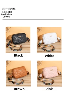 Quilted heart camera bag available in black, white, brown and pink with wide LOVE strap