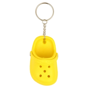 Bright yellow clog sandal keychain with metallic ring for bags and car keys