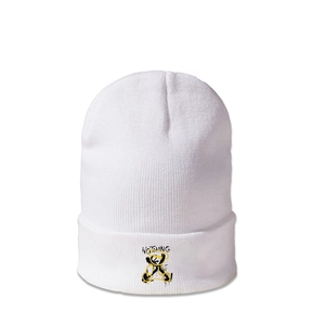 Detailed view of white knit beanie featuring bear print and NOTHING lettering