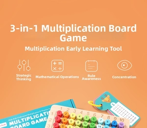 Macro detail of wooden multiplication board game with colorful cylinders and math cards